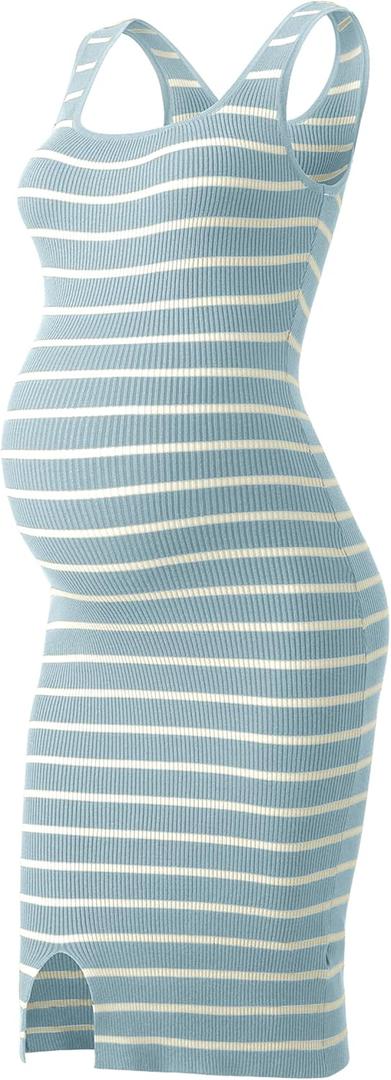 SUNNYBUY Women's Striped Maternity Dress Summer Tank Bodycon Dresses Knit Slit Pregnancy Clothes, Baby Blue White Stripe Tall M (M)