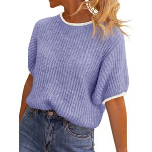 Saodimallsu Womens Puff Short Sleeve Sweater Tops Spring Summer Color Block Ribbed Knit Crew Neck Going Out Shirts Purple (Purple)