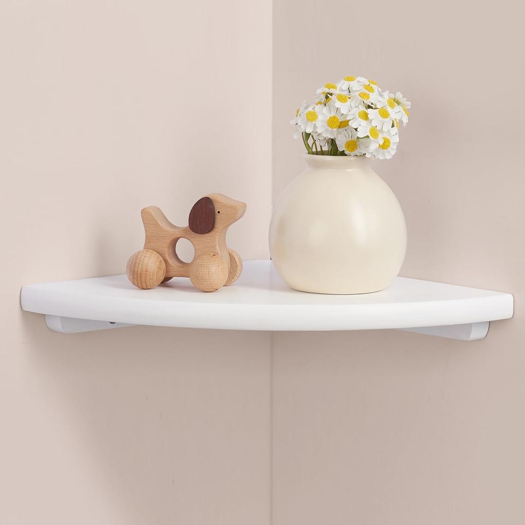 Gieanoo White Corner Wall Shelf 7inch Solid Oak Wood Floating Corner Shelf with Wire Hole Corner Wall Storage Display Shelves for Living Room Bedroom Bathroom Kitchen