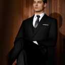 WULFUL Mens Slim Fit Suit One Button 3-Piece Blazer Dress Business Wedding Party Jacket Vest & Pant (X-Small, Black)