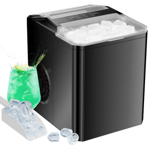 EDX Countertop Ice Maker, 26 lbs in 24 Hrs, 9 Ice Cubes Ready in 6 Mins, Self-Cleaning, with Basket & Scoop, For Home, Camping, Black