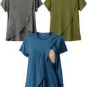 Rnxrbb Small Summer Nursing Tops for Breastfeeding T Shirts Short Sleeve Postpartum Clothes Sets of 3 (Medium, Deep Blue & Flecking Grey & Army Green)