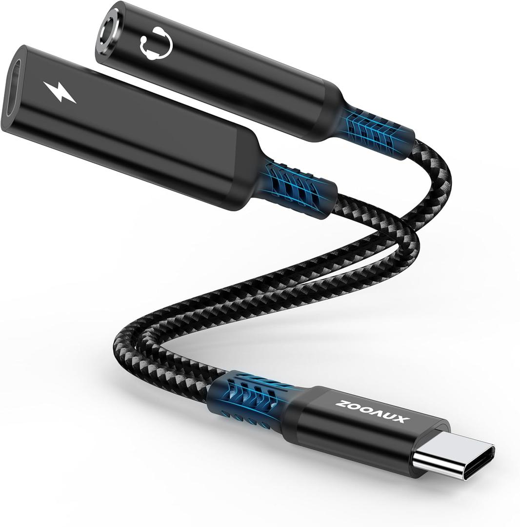 ZOOAUX USB C to 3.5mm Audio Adapter and Charger, 2 in 1 Type C to Aux Headphone Jack Dongle Cable Cord with PD 60W Fast Charging for iPhone 16/15, Galaxy S25/S24/S23 Ultra, iPad Pro, Pixel (Black)