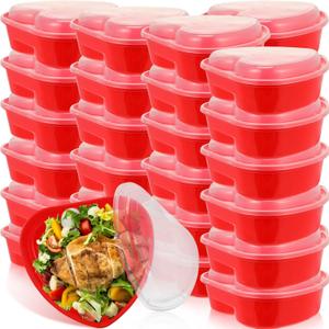 Layhit 30 Pcs Valentine's Day Heart Containers Plastic Food Storage Containers with Lids Heart Shaped Disposable Dessert Lunch Box for Kitchen Restaurant Fruit Vegetable (Red,28 oz)