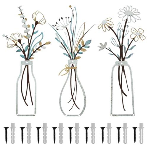 Metal Flower Walls Art Beautiful Metal Flowers Wall Decor Decorative Flower Vase Wall Art for Living Room Bathroom Bedroom Dining Room Walls (5.9 * 13.77 in)
