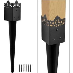 Fence Post Anchor 4''x4'', Heavy Duty Metal Fence Post Anchor Ground Spike 24''x4''x4'' for Fence, Mailbox, Bird Feeder, Decking, Banner, with The Black Powder Coating Cover on The Surface (Set 1)