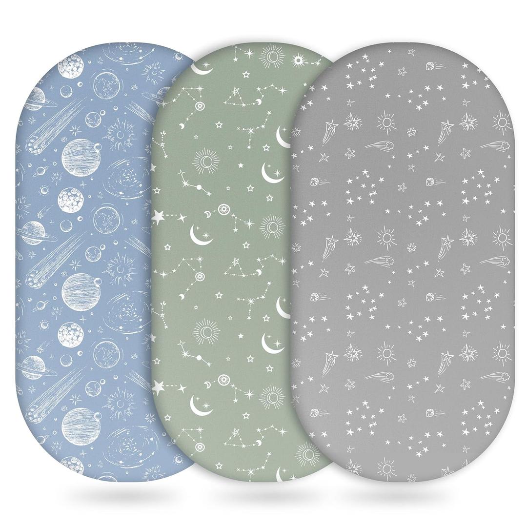 Unnivoll Baby Bassinet Sheets Girl Boy, Fitted Bassinet Sheet Set 3 Pack Bassinet Mattress Sheets Universal Fit for Rectangle, Round, Oval, Hourglass Mattress, Soft Breathable Green Gray Constellation