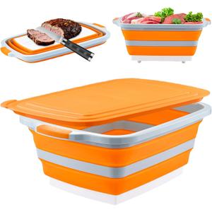 Collapsible BBQ Prep Tub with Cutting Board & Lid  7.95 Gal / 30L Space-Saving Food Container  BPA-Free Heavy-Duty Plastic, Dishwasher Safe with Drain Hole  Offset Smoker, Backyard & Grilling (Orange)