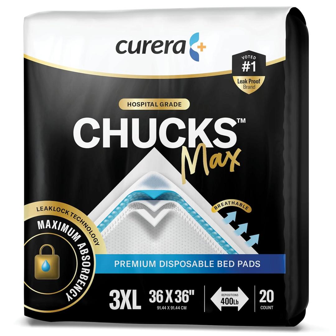 Chucks MAX Hospital Bed Pads Disposable Adult 36 x 36 Breathable Incontinence Pads - XXX-Large Pee Pads for Adults - Heavy Duty 10X Absorbency Underpads - 400 Lbs. Patient Repositioning [20 Count]