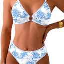 Fanuerg Women's Triangle Bikini Sets O Ring Linked Two Piece Swimsuits Floral Printed Cheeky Bathing Suit (Blue, M)