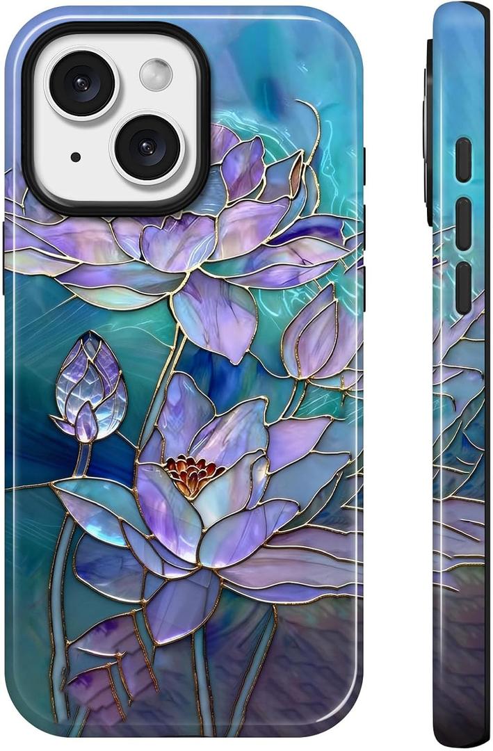Lumen for iPhone 15 Case, Compatible with Magsafe, Green Lotus Glass Gold