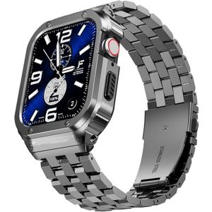 SUPLINK Stainless Steel Case with Band Compatible with Apple Watch Series 9 8 7 45mm Metal Rugged Protector Bumper Cover for iWatch Bands Men (Space Grey)