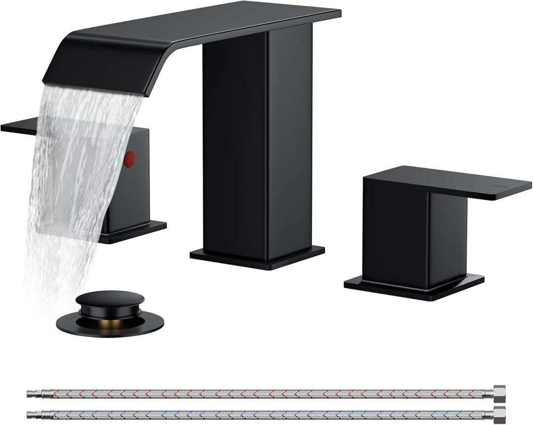 FORIOUS Bathroom Faucets 3 Hole,Matte Black 8 Inch Widespread Bathroom Sink Faucet Waterfall Spout, with Pop Up Drain and Water Supply, Suitable for Vanity Rv Commercial Lavatory Restroom