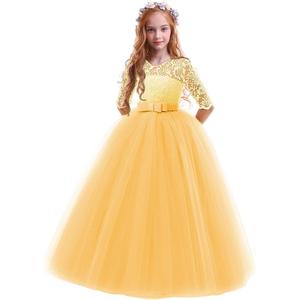 Girls Flower Vintage Floral Lace 3/4 Sleeves Floor Length Dress Wedding Party Evening Formal Pegeant Dance Gown (Yellow, 3-4T)