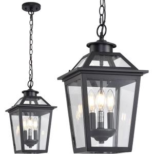 Large Outdoor Pendant Light Fixtures 3-Light Black Exterior Hanging Lantern with Clear Glass Outside Chandelier for Porch Front Door House