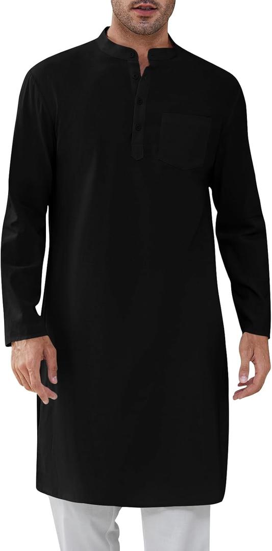 Gafeng Mens Kaftan Robe Button Down Long Sleeve Henley Cotton Thobe Casual Side Split Gown Shirt (X-Large, Black) Gafeng Mens Kaftan Robe Button Down Long Sleeve Henley Cotton Thobe Casual Side Split Gown Shirt (X-Large, Black)