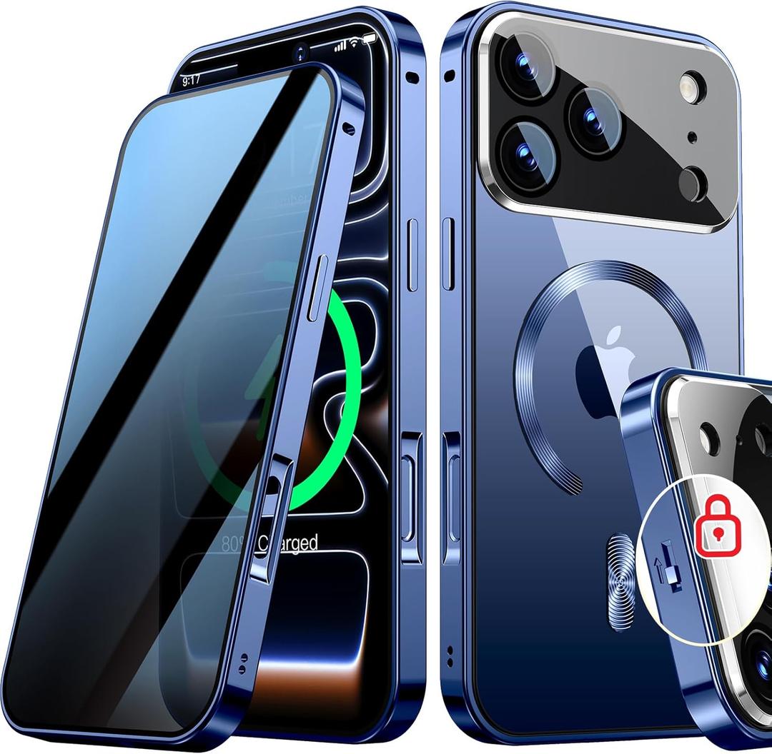 [Full Camera Protection& Mechanical Lock]Magnetic Privacy Case for iPhone 17 Pro Max[Compatible with MagSafe] [CD Metal Ring]Full Body Shockproof Metal Bumper, 9H Anti Peeping Glass Cover-Blue