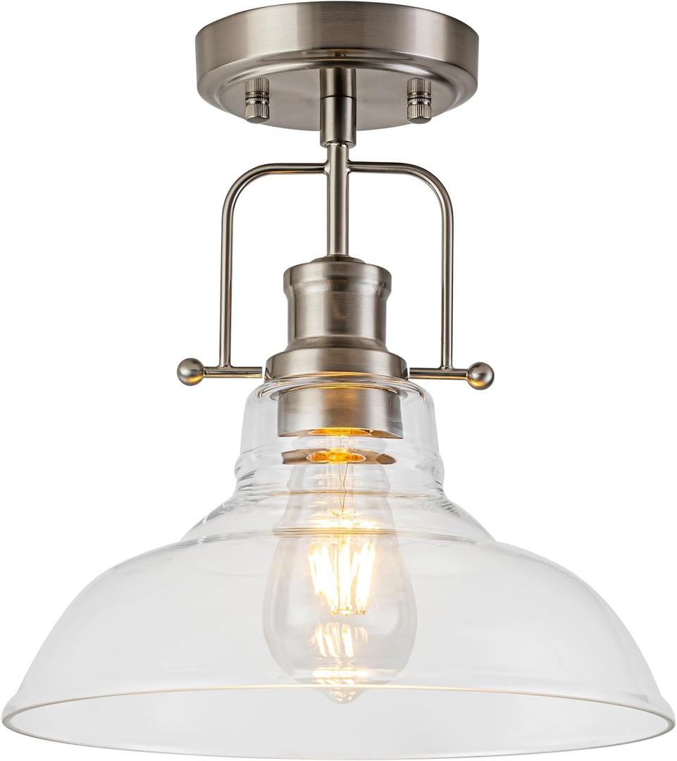 WILON Semi Flush Mount Ceiling Light Fixture, Brushed Nickel Farmhouse Light Fixtures with Clear Glass Shade, Modern Vintage Ceiling Lamp for Kitchen Island Sink Foyer Bathroom Entryway Laundry Room