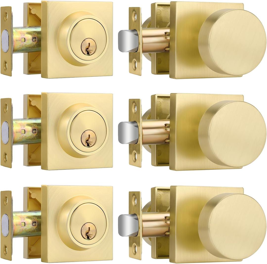 Haidms Gold Door Knobs with Deadbolt, Heavy Duty Gold Exterior Door Knobs, Zinc-Alloy Brushed Brass Front Door Knob and Deadbolt Set (3 Pack)