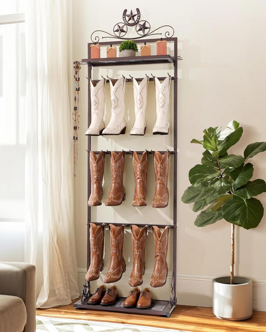 Western Boot Rack for 6 Pairs, 74" Tall Freestanding Cowboy Boot Stand with Horseshoe Star Topper, Metal Shelf and Belt Hooks, Rustic Brown Boot Storage Organizer for Entryway Closet Bedroom Bronze