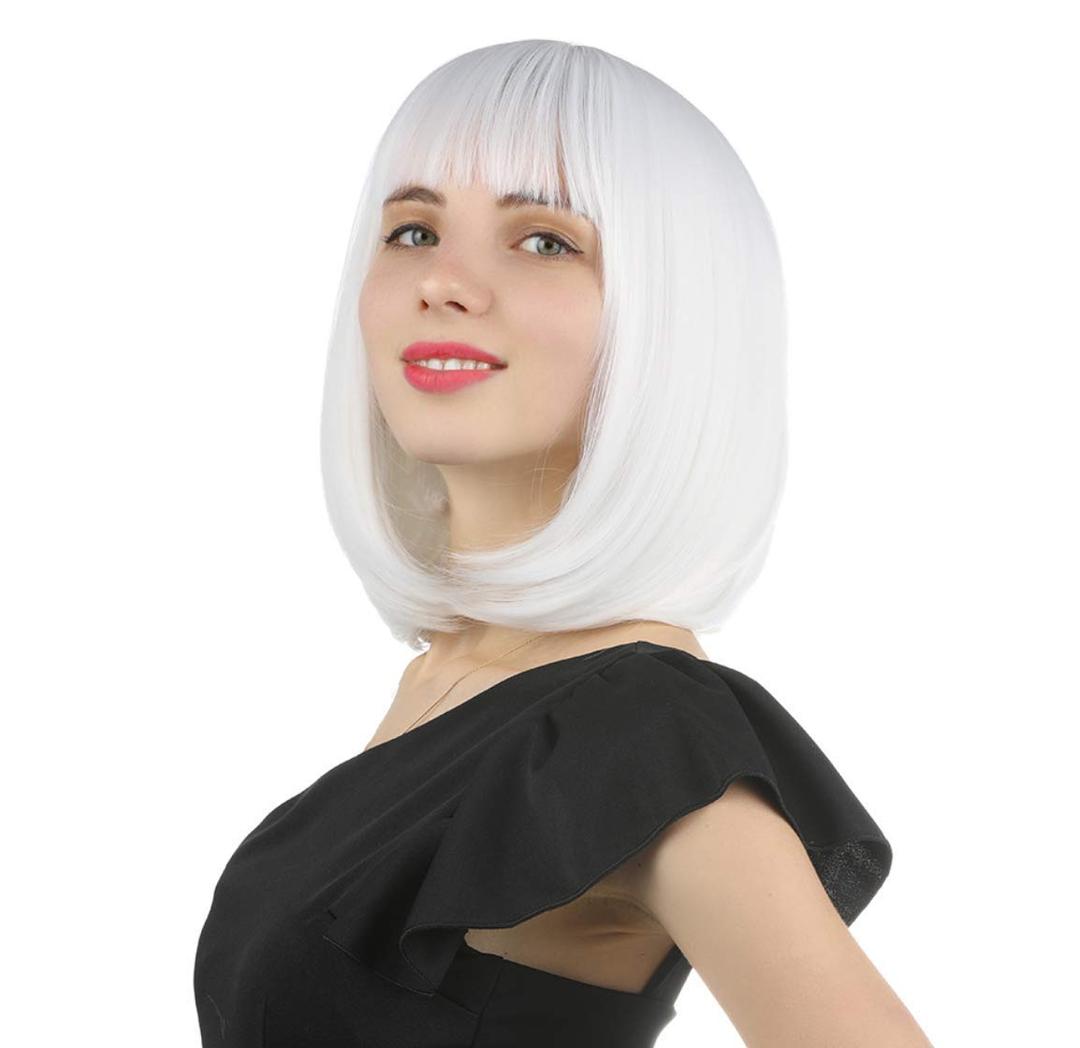 eNilecor Short Bob Hair Wigs 12" Straight with Flat Bangs Synthetic Colorful Cosplay Daily Party Wig for Women Natural As Real Hair+ Free Wig Cap (White)