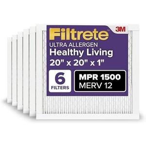 Filtrete 20x20x1 AC Furnace Air Filter, MERV 12, MPR 1500, CERTIFIED asthma & allergy friendly, 3 Month Pleated 1-Inch Electrostatic Air Cleaning Filter, 6-Pack (Actual Size 19.69x19.69x0.78 in)