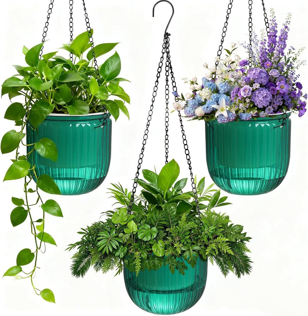 Hanging Planters for Indoor Plants, Small Self Watering Planters 3 Pack, 6.5 Inch Clear Plastic Flower Pot Outdoor, Metal Chain, Drainage Hole for Home Garden Porch Balcony Patio Window Decor