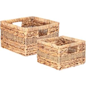 Wicker Storage Baskets with Built-in Handles, Natural Water Hyacinth and Seagrass, Decorative Handmade Storage Baskets for Organizing, Set of 2, Large and Small
