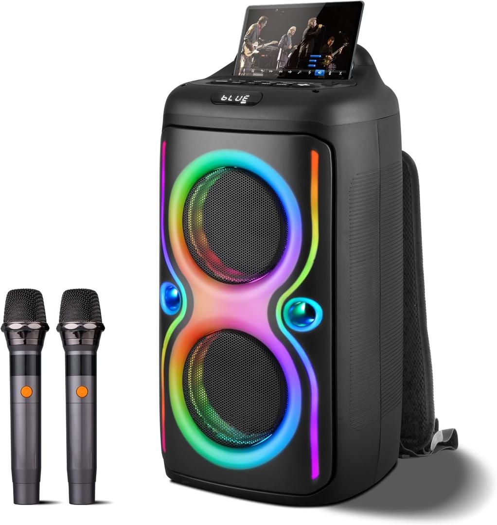 Karaoke Machine with 2 Wireless Microphones for Adults,Portable Karaoke Speaker with 2 x 6.5 Subwoofers and Pulsed Lights,Backpack and Carry-On Design for Family Gatherings and Outdoor Activities