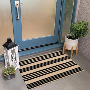 KIMODE Front Door Mats 24"x35", Striped Layered Door Mats Outdoor,Machine Washable Farmhouse Front Porch Rug Spring Decor,Cotton Hand Woven Rugs for Entryway Kitchen Black and Khaki