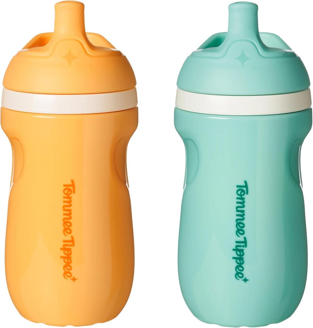 Tommee Tippee Insulated 9oz Sporty Spout Toddler Water Bottle, No Spill, Sippy Cups for Toddlers 13, TwoPiece Valve Helps Stop Spills, Light Blue & Orange, BPA Free, Pack of 2, Light Blue & Orange
