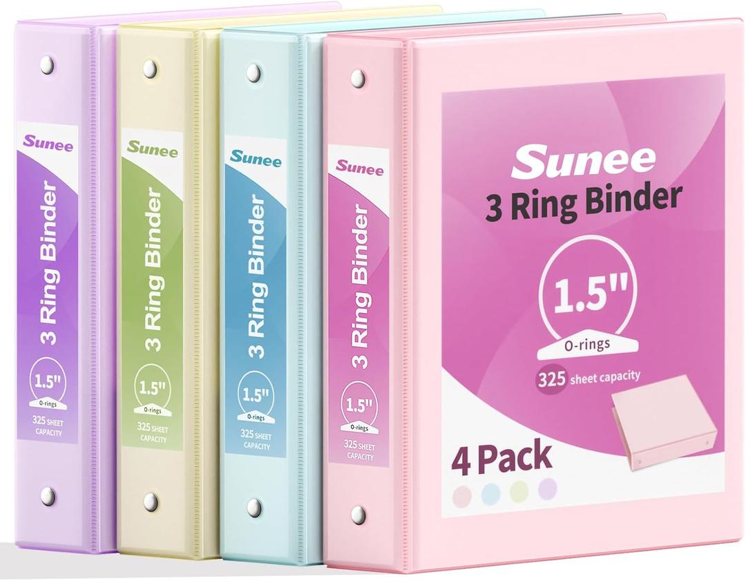 SUNEE 1.5 Inch Binders 3 Ring 4 Pack, Clear View 1 1/2 Inch Binders Three Ring PVC-Free (Fit 8.5x11 Inches) for School or Office Supplies, Assorted Pastel