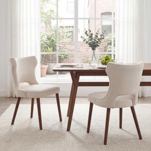 Wooden Dining Chairs Set of 2, Mid Century Dining Room Chairs with Solid Wood Legs, Upholstered Fabric Kitchen Chairs with Ergonomic Curved Backrest for Kitchen Dining Room, Beige