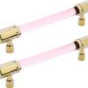 Antrader Pink Crystal Cabinet Pulls,4Pcs Drawer Pulls Kitchen Cabinets Handles Pink and Golden Crystal Handles with Brass Base for Cabinets 5 Inch(132mm) Hole Distance