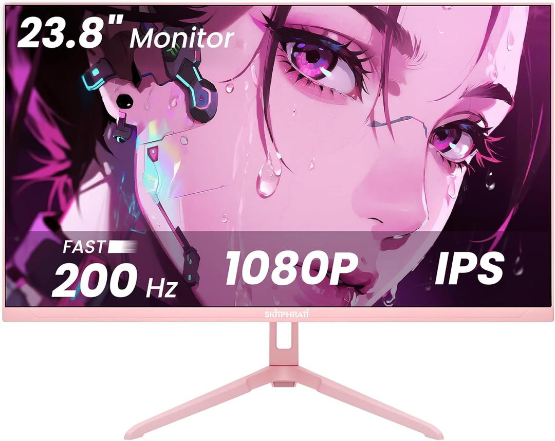 SKitphrati Pink 24 inch Gaming Monitor 200Hz Refresh Rate FHD 1080p Resolution Fast IPS Panel 1ms GTG Response Time Adaptive Sync Built-in Speakers Pink Monitor