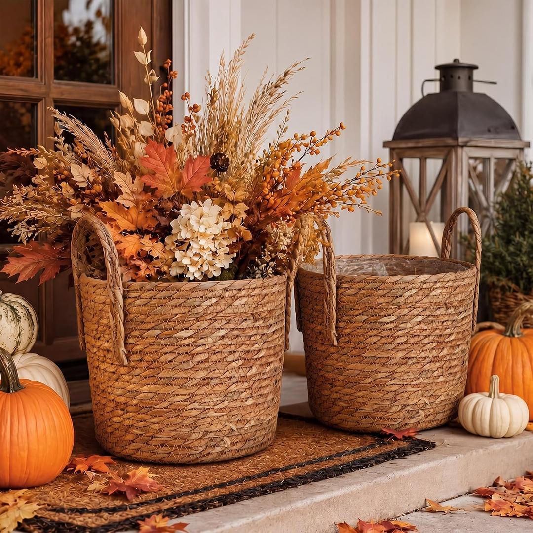Novabright 2 Pcs Fall Woven Basket Planter, Autumn Wicker Planter,12'' | Cattails Basket with Handles, Stylish Flower Pots Cover, Natural Room Decoration, for Indoor and Outdoor Porch