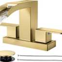 Cobbe Waterfall Bathroom Faucets 3 Hole, Brushed Gold Bathroom Sink Faucet Square 4 Inch Centerset with Pop-Up Drain, 2 Handle and 2 Supply Hoses, Lead-Free Stainless Steel for Vanity Sink Rv