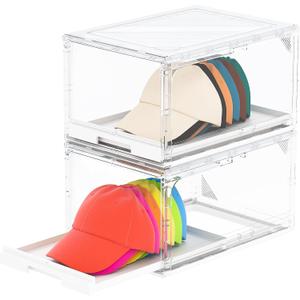 Henyol 2 Pack Hat Organizer Box, Clear Cap Holder Box with Sliding Tray, Stackable Hat Display Case, Large Storage Box for Baseball Caps