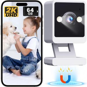 Indoor Camera, 2K Cameras for Home Security with Color Night Vision & Siren, 2-Way Audio for Pet/Dog/Baby/Nanny, 2.4GHz WiFi Camera, 24/7 Cloud & SD Card Storage, Works w/Alexa, with 64GB SD Card (w/64GB SD card 1 Pack White)