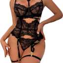 Vkindlux Women's LaceLingerie Set Sexy Bra & Panty with Strappy Details, Black, Size L