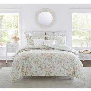 Laura Ashley Home - King Comforter Set, Reversible Cotton Bedding, Includes Matching Shams with Bonus Euro Shams & Throw Pillows (Madelynn Pastel Blue, King) (Blue/Green/Pink)