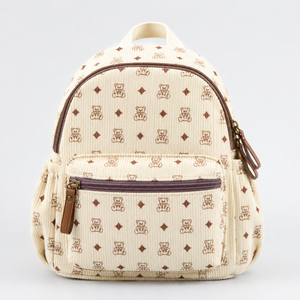 Corduroy Teddy Bear Pattern Mini Backpack, Cream, Zipper Closure, Adjustable Shoulder Straps