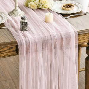 Artoid Mode 3PCS Blushing Pink Gauze Table Runner 120 Inch 10FT, Seasonal Sheer Kitchen Dining Holiday Wedding Birthday Baby Shower Table Decor for Home Party
