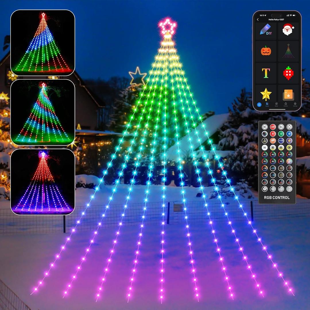 16.4FT Outdoor Christmas Decorations, Smart RGB Color Changing Christmas Hanging Waterfall String Lights, APP Remote Control, DIY Multi-Color Lightshow, Music Sync, Outside Xmas Lights Decor