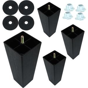 4Pcs 8 Inch Plastic Furniture Legs, Square Sofa Legs Black Couch Legs M8 Thread (Metric 8mm) Furniture Feet Cabinet Replacement Legs for Bed, Chair, Ottoman