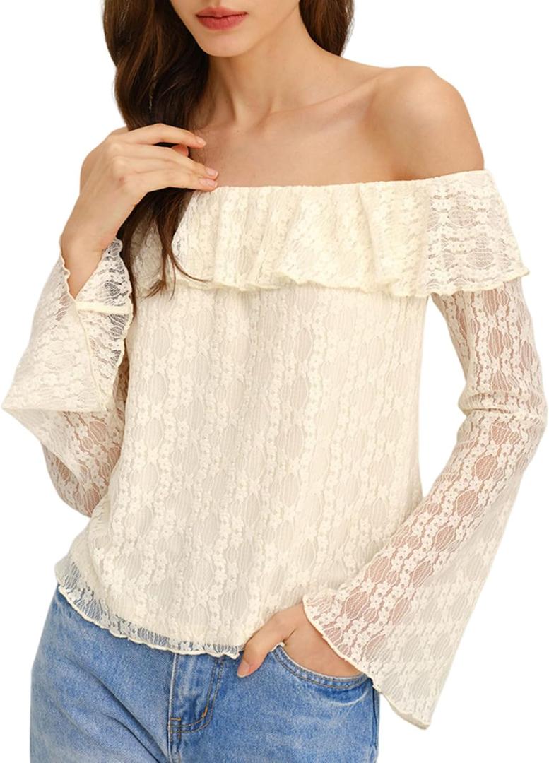 RIHOAS Off The Shoulder Tops for Women Long Sleeve Lace Trim Y2K Bell Sleeve Fall Trendy Going Out Tops (Beige, M)