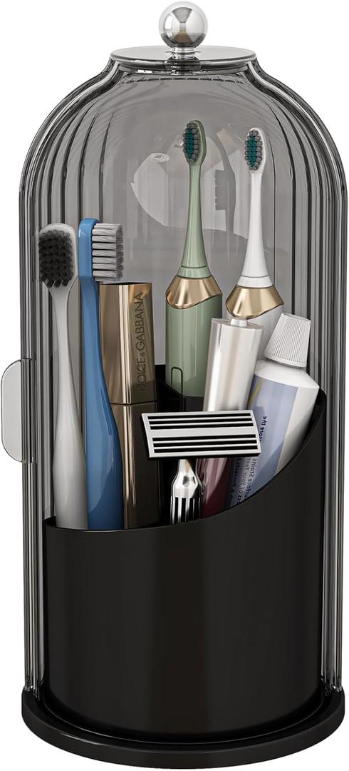 Dustproof Toothbrush Holders with Cover, Rotating Electric Toothbrush and Toothpaste Holder for Bathroom Countertop, 3 Slots Makeup Brushes Organizer, Grey Black