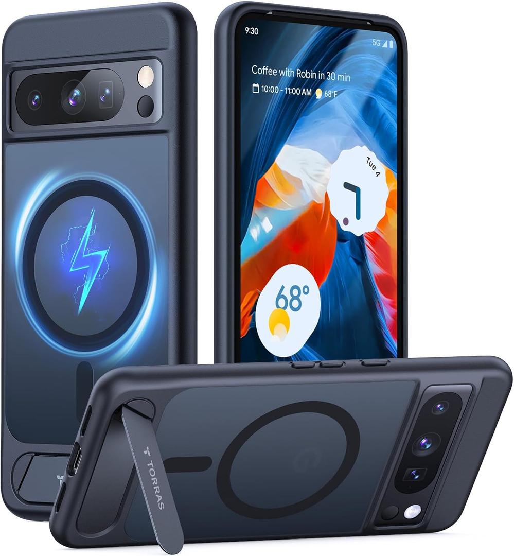 TORRAS Magnetic & Stand for Google Pixel 8 Pro Case, Fit for MagSafe, 12FT Mil-Grade Drop Protection, Slim Fit for Google Pixel 8 Pro Phone Case with Built-in Flush Kickstand, Translucent Matte Black