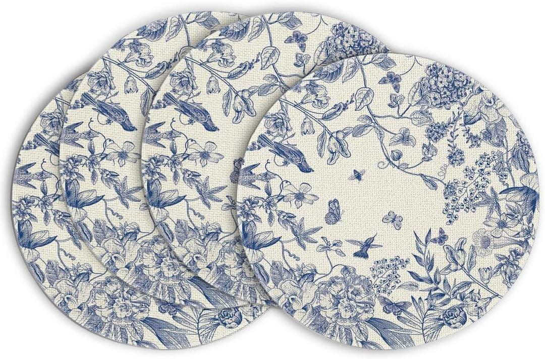 Artoid Mode Watercolor Flowers Branches Chinoiserie Spring Placemats Set of 4, 14 Inch Round Table Mats for Dining Decoration (Blue)