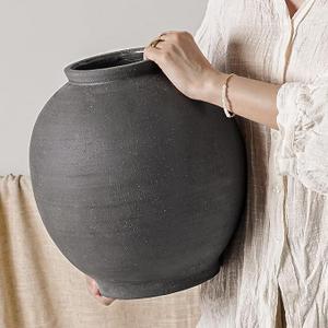 Black Ceramic Vase - Large 12.5 Inch Round Floor Vase for Centerpieces, Farmhouse Rustic Minimalist Home Decor (Sandstone Black)